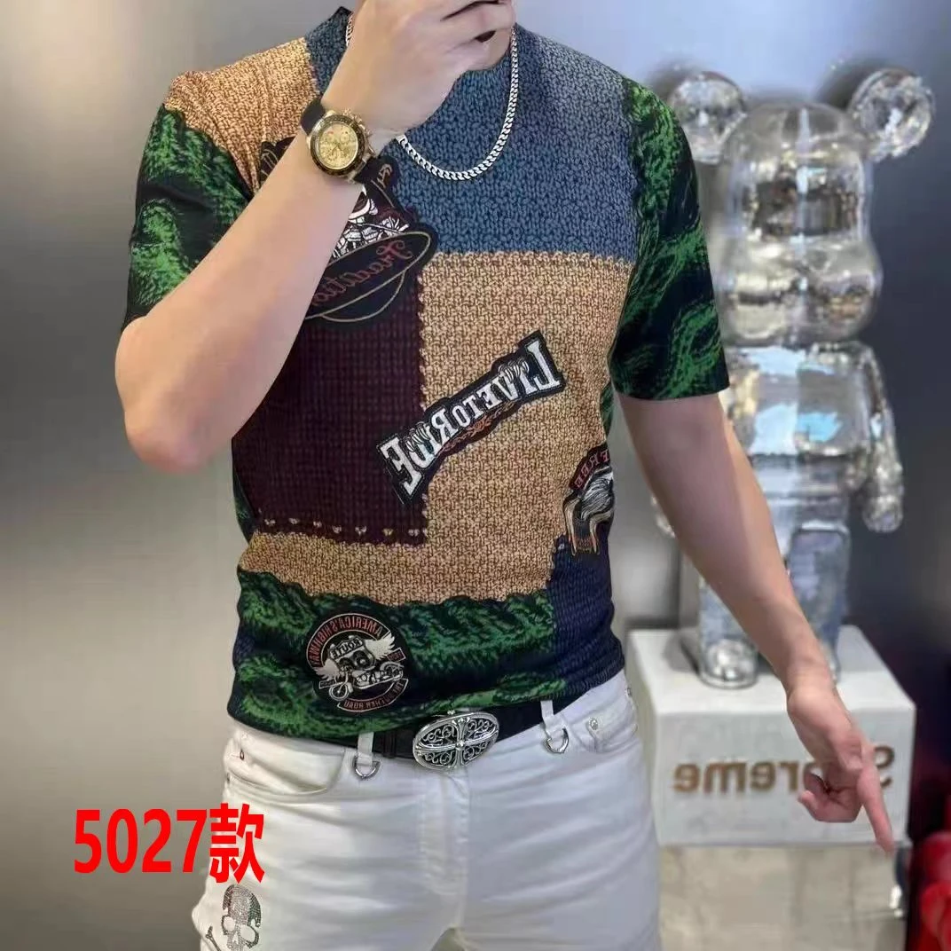 欧货夏季薄款冰丝短袖男士t恤高品质修身百搭个性上衣男半袖男装