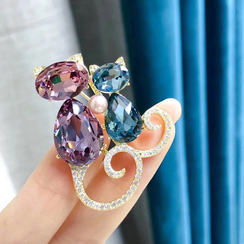铜合金胸针 奢梵品牌1028 正品施华洛 真珠 小猫咪 胸针 饰品