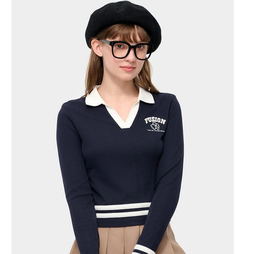 FILA FUSION斐乐学院风百搭时尚秋季针织长袖翻领上衣流光风