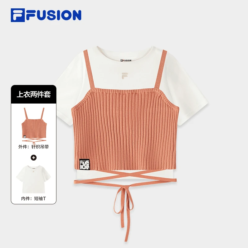 FILA斐乐短袖吊带针织短款时尚夏季两件套拼接撞色T恤T11W433106
