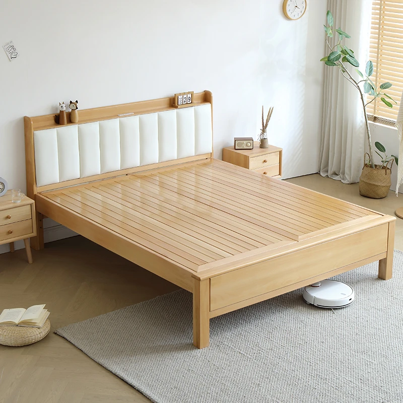 实木软包床榉木床北欧简约软靠床松弛感原木奶油风原木实木床