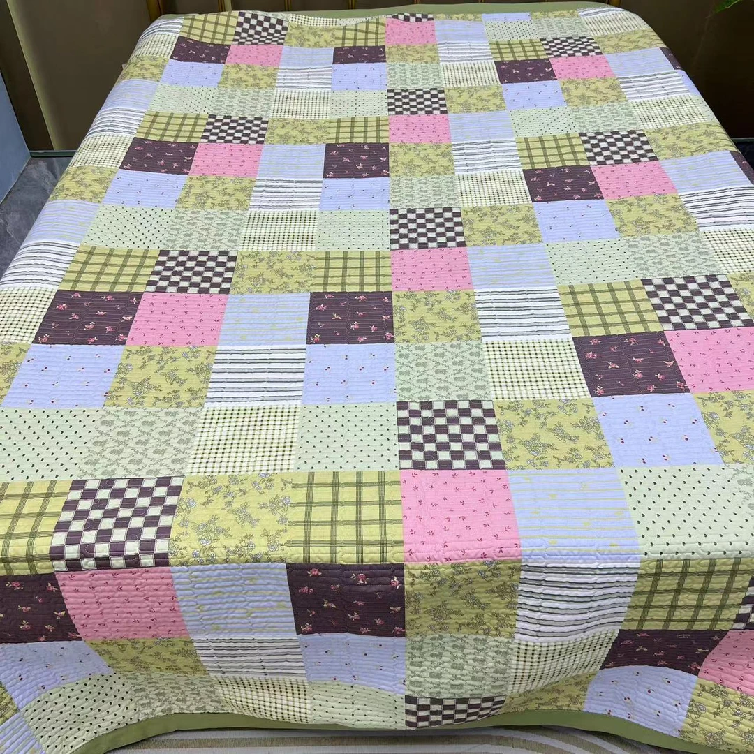 【2.5绿百福】水洗棉床盖碎花约2.3*2.5米宽边四季水洗绗缝包边床盖