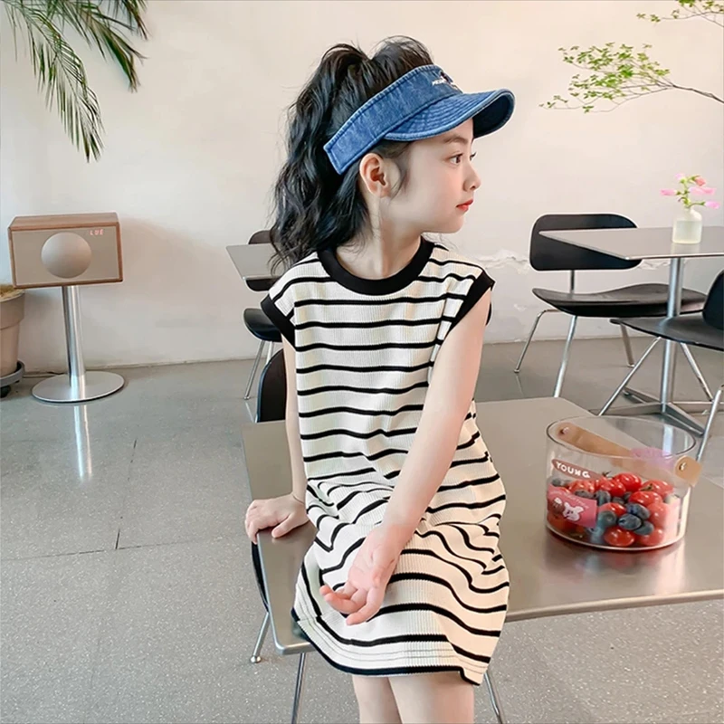 女童夏装条纹连衣裙2023新款儿童长裙夏天T恤休闲裙 女孩洋气裙子