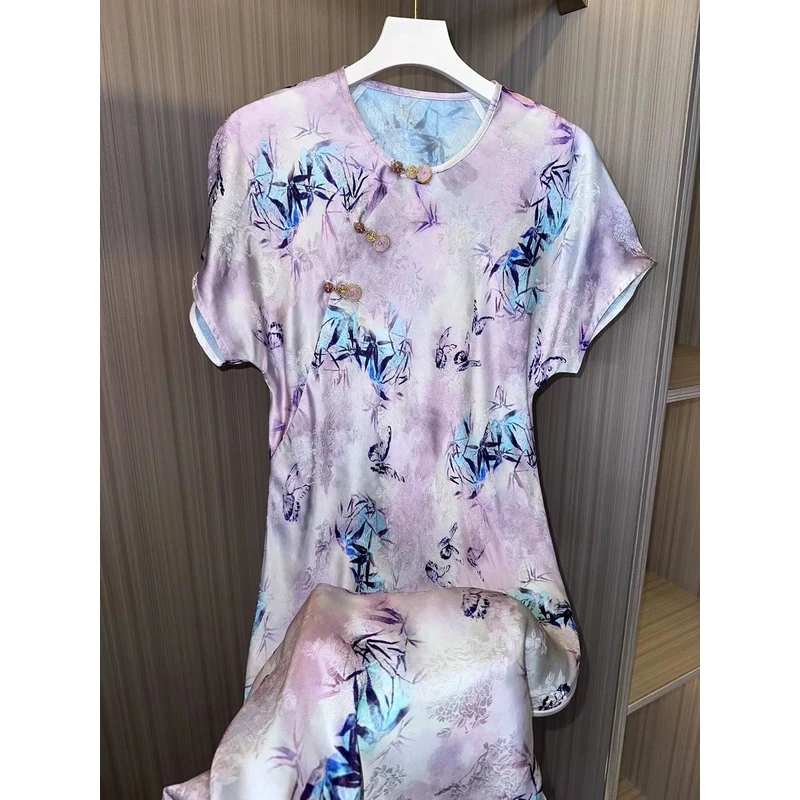 2105-常熟新中式气质夏季新款女士气质时尚提花斜襟连衣裙