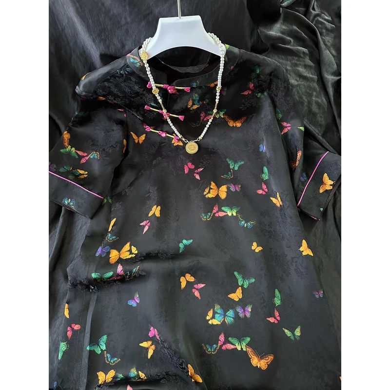 2217-【黑蝴蝶】夏季新款气质女装连衣裙黑色复古国风气质连衣裙