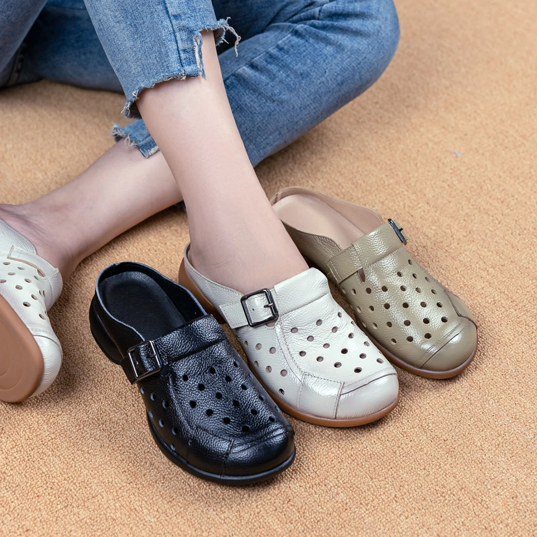 《遇见轻奢》新款半拖头层牛皮镂空透气休闲防滑软底软面女鞋2531-1