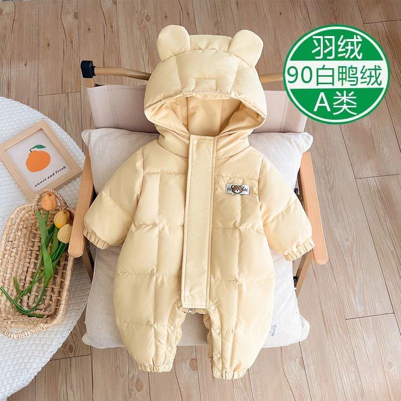 婴儿冬季新款羽绒服男女宝加绒加厚连体衣超萌可爱保暖外出服爬服
