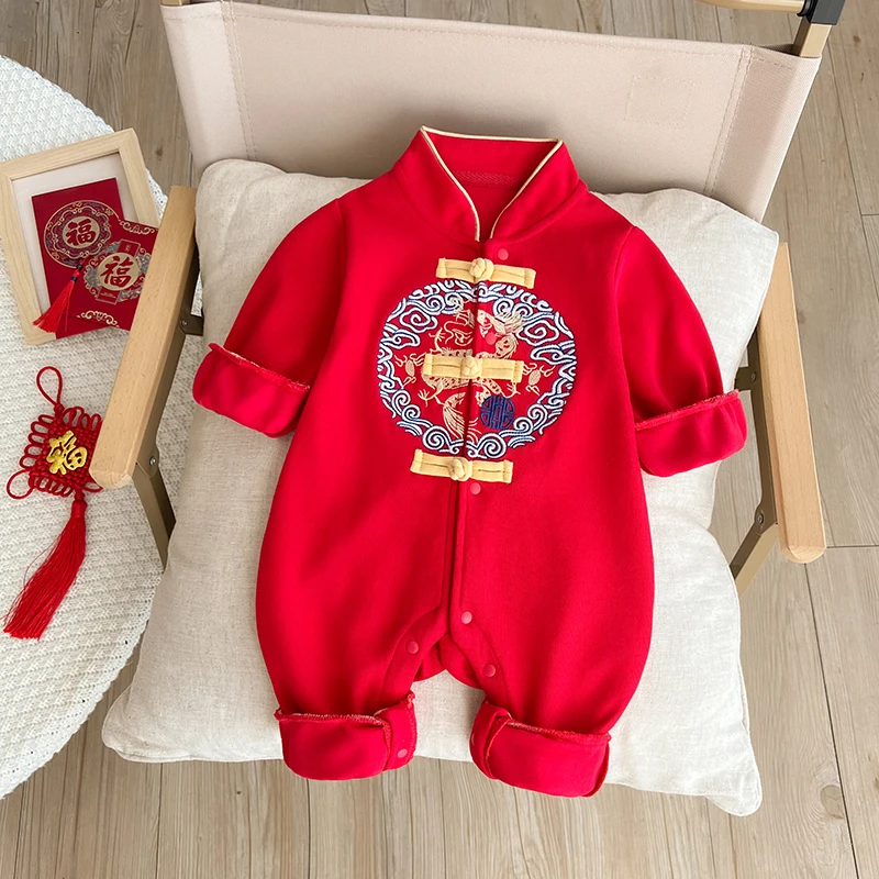 婴儿新年服装男女宝宝红色连体衣国风龙年拜年服满月百天周岁礼服