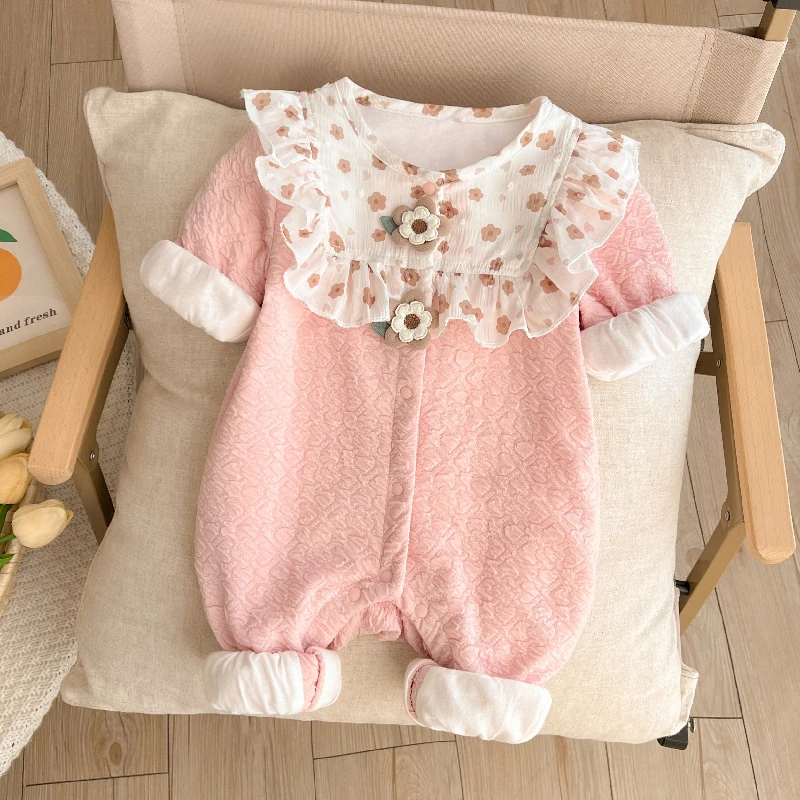 婴儿秋季连体衣女宝宝春秋装新生儿满月百天洋气外出服超萌双层服