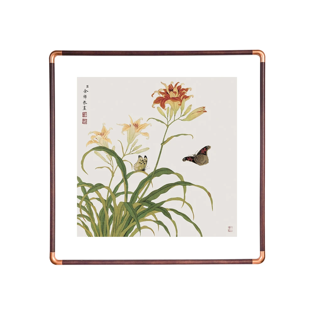 【仿铜角184】50*50兰花图纯实木框新中式茶室书房家居装饰画挂墙画
