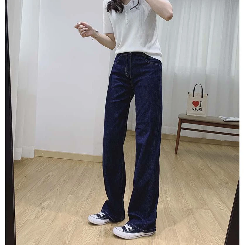【老钱风】防褪色活性染料 牛！丹宁蓝高腰牛仔裤女显瘦宽松直筒裤