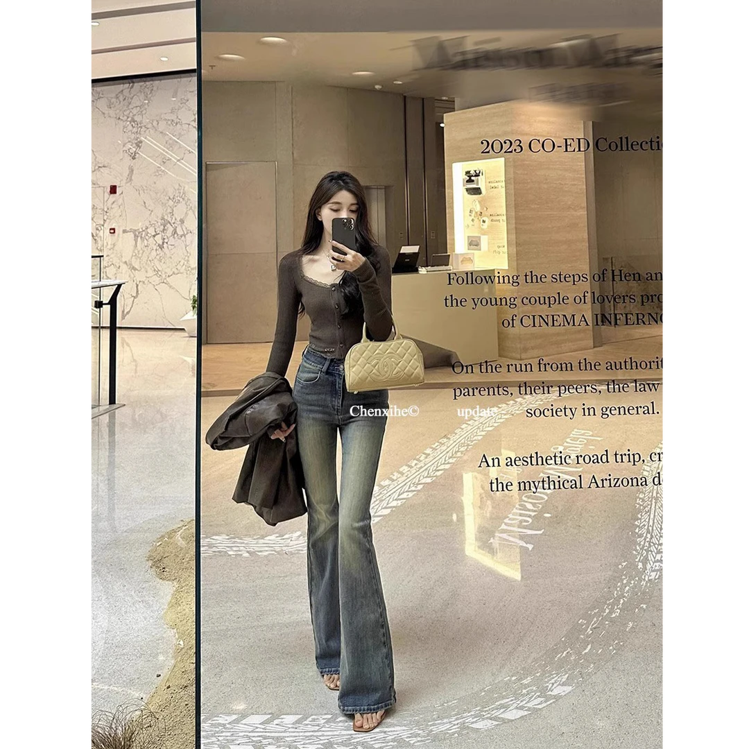 贯妗新品尝鲜  复古蓝高腰修身微喇牛仔裤秋冬美式拖地喇叭裤长裤