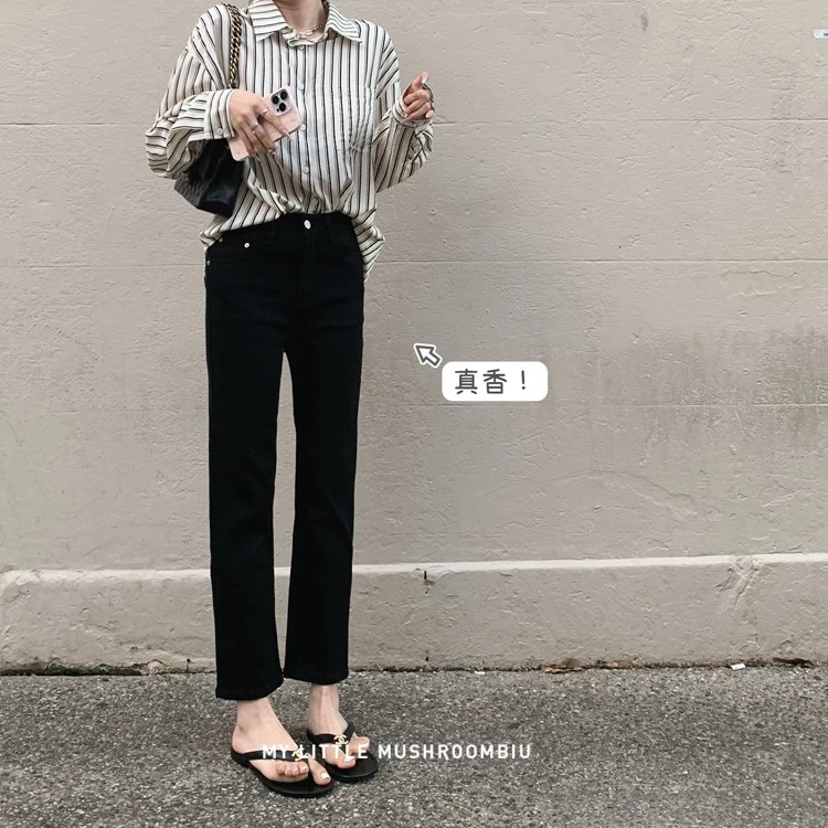 贯妗百搭黑色2023新款牛仔裤小个子法棍裤九分ins烟管裤窄版直筒