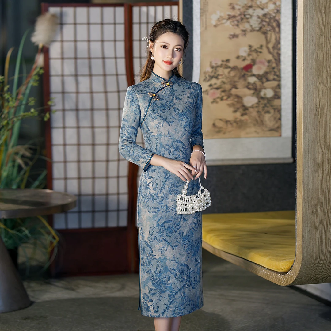 西田鱼2024新中式秋冬气质款女装旗袍复古中国风传统改良旗袍蓝色