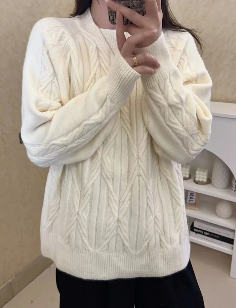 秋冬反季清仓 半高领麻花宽松套头毛衣