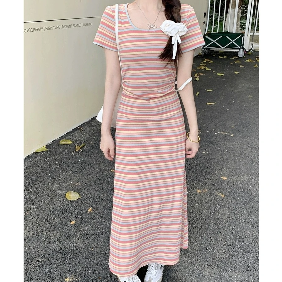 2024新款收腰显瘦女夏季彩虹甜美中长裙女针织条纹短袖方领连衣裙
