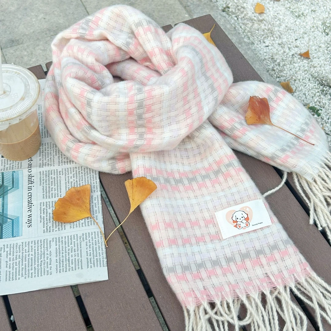 『甜心狗狗』蜜桃奶昔粉色cs围巾时尚软糯百搭流苏格子围脖男女秋冬