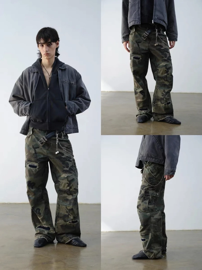 VLABMADE 军事绿迷彩破坏贴布宽松工装裤Camouflage Cargo Pants