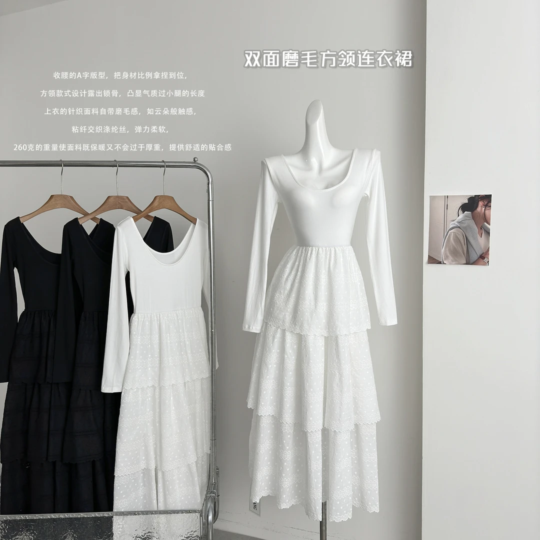 可可 月光少女典藏系列 双面磨毛方领连衣裙女秋季气质白色收腰