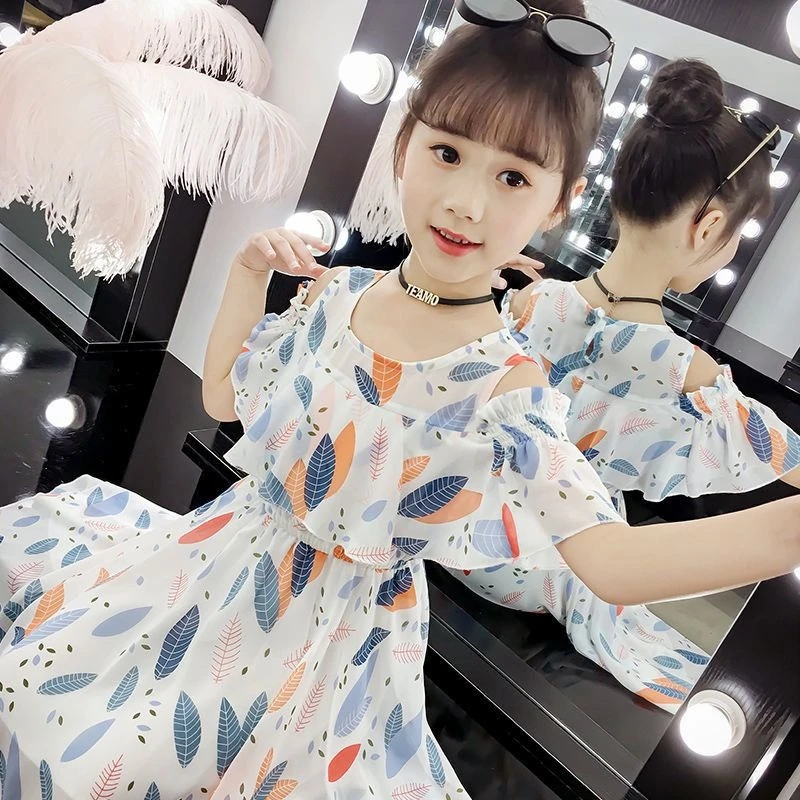 女童雪纺连衣裙夏装2025新款韩版露肩中大童洋气裙女孩碎花公主裙