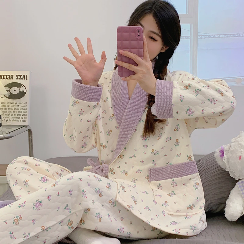 孕妇装秋冬加厚大码月子服哺乳12月份夹棉喂奶和服空气棉家居服女