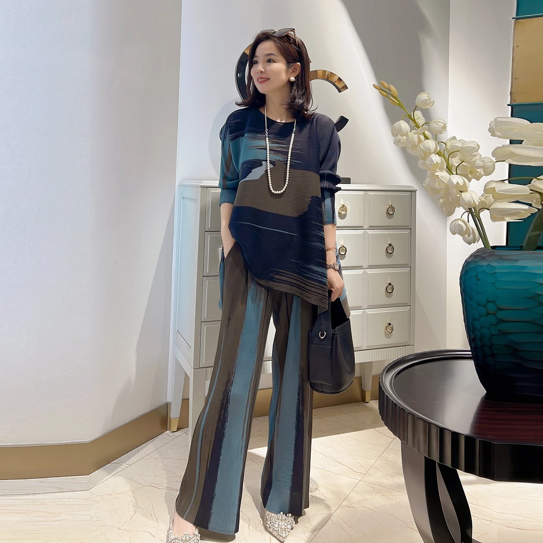 春季上新褶皱日韩风时尚气质印花A字上衣裤子套装16814