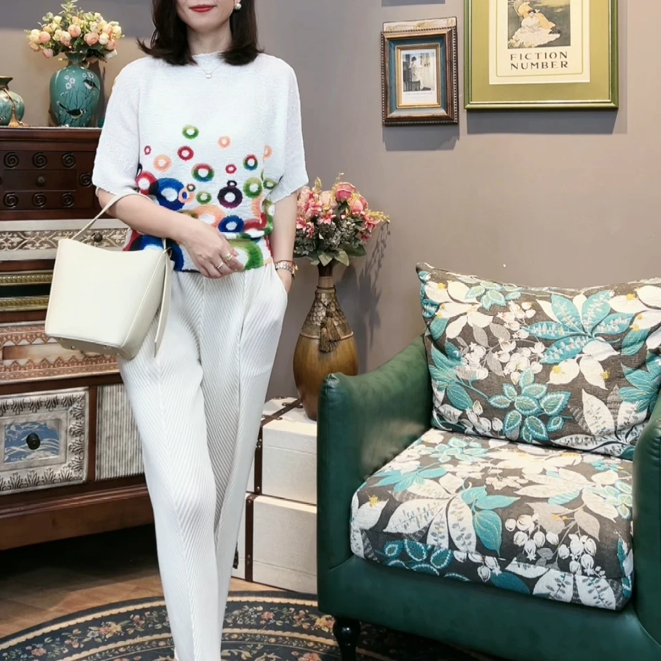 三宅褶皱雪花褶简约时尚夏季短袖印花时尚气质显瘦雪纺衫上衣