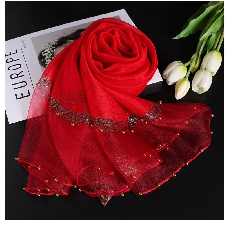 175X75CM左右围巾丝巾披肩【纯色钉珠款】正红色G2