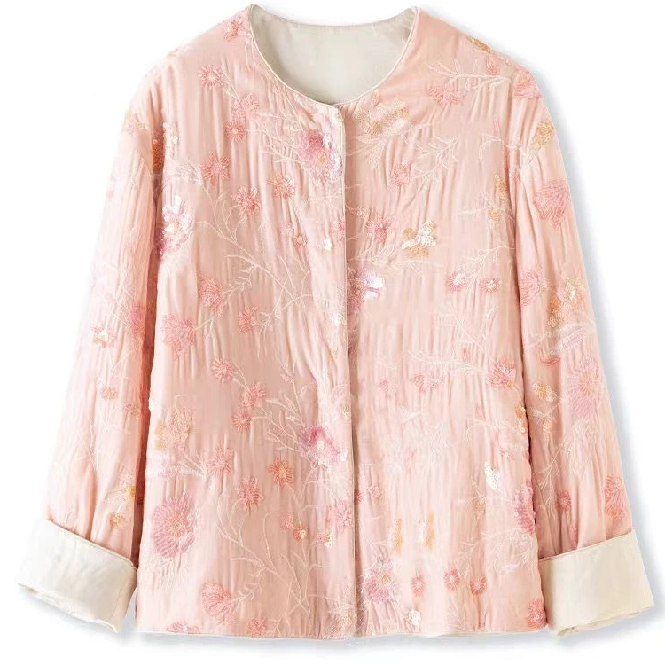 真丝丝绒新中式棉衣棉服女2024新款冬季洋气亮片小棉袄夹棉外套