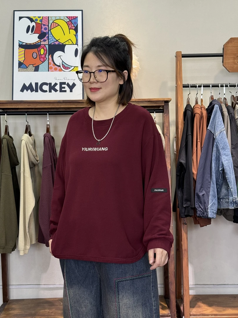 德绒上衣-10538大码女装秋冬棉质胖MM宽松刺绣字母纯色休闲百搭