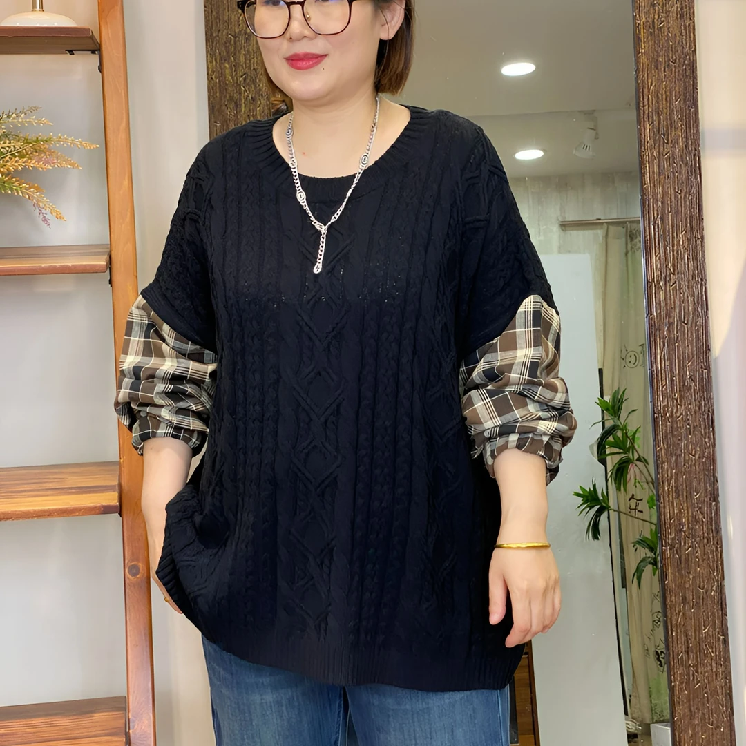 拼接针织上衣-10496大码女装秋冬棉质胖MM宽松格子文艺休闲百搭