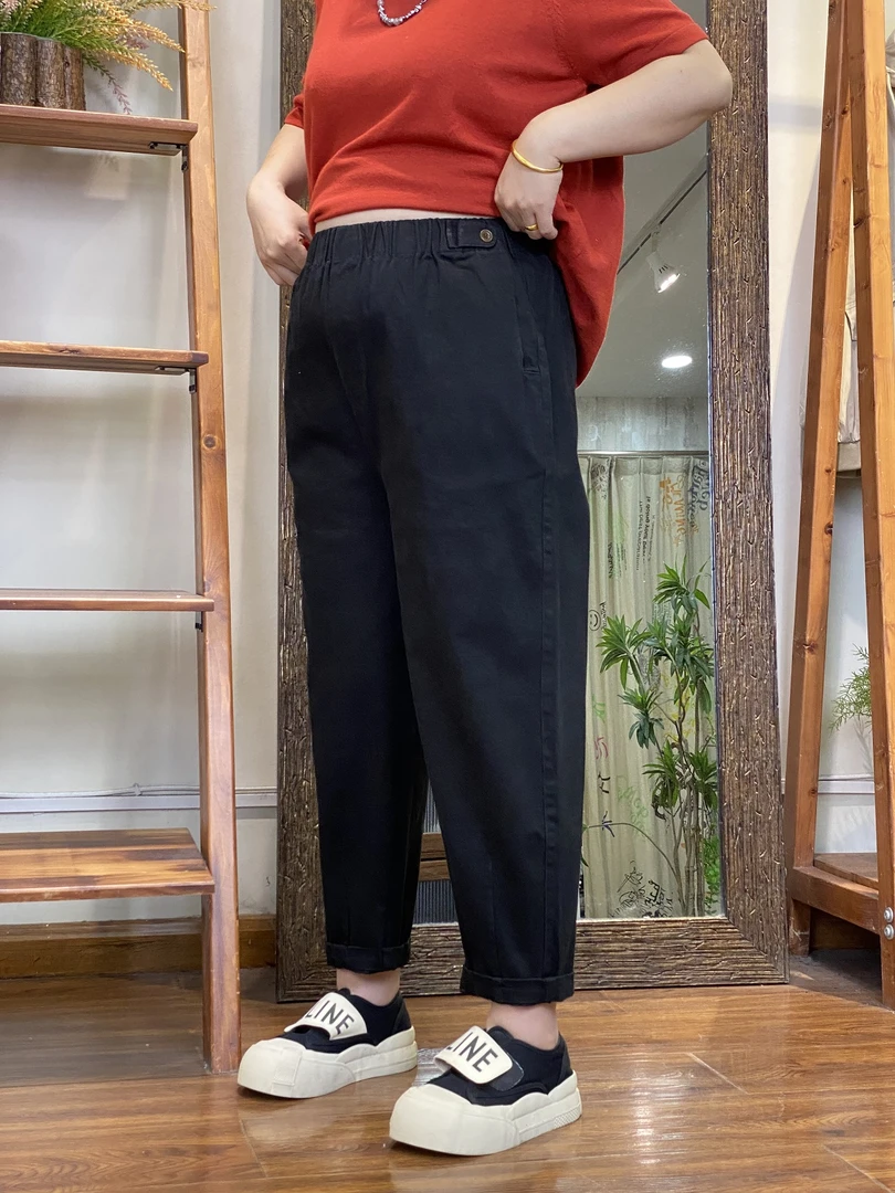 休闲裤-20088大码女装新春棉质胖MM宽松拼接纯色文艺百搭松紧腰