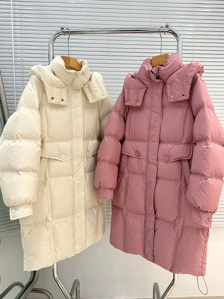 2024年新款大朵白鸭绒.韩版字母纽扣大口袋连帽白鸭绒羽绒服外套