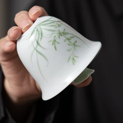 手绘釉下彩白瓷三才盖碗薄胎悬停盖碗茶具套装泡茶碗家用功夫茶具