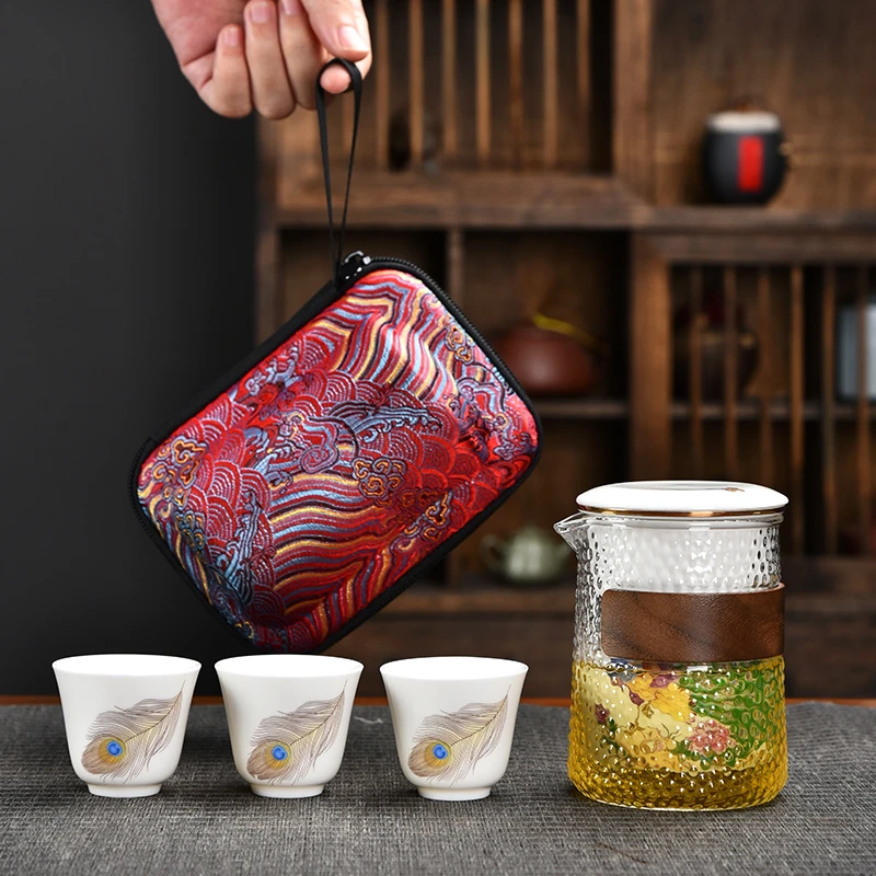 快客杯户外陶瓷一壶三杯玻璃随身便携式旅行 功夫茶具 套装简约