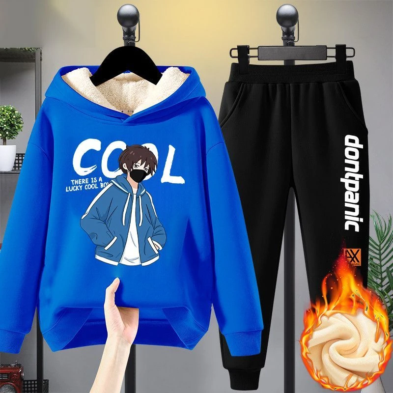 男童加绒套装连帽宝宝加厚卫衣2023新款儿童连帽保暖衣服两件套潮