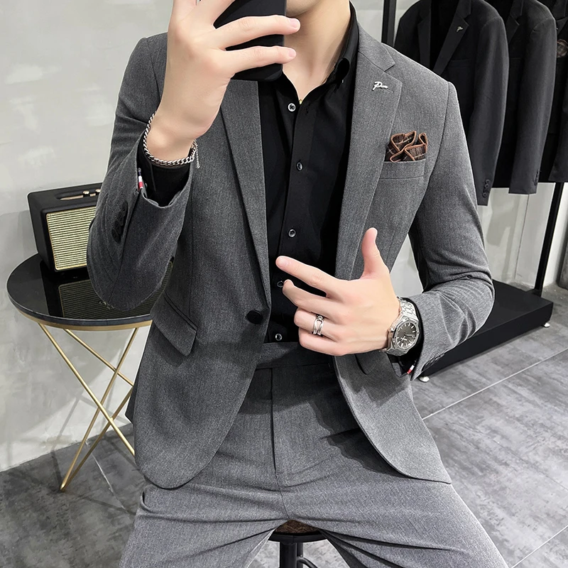 韩版修身男士一粒扣外套西服套装上班通勤休闲职业西装男装伴郎装