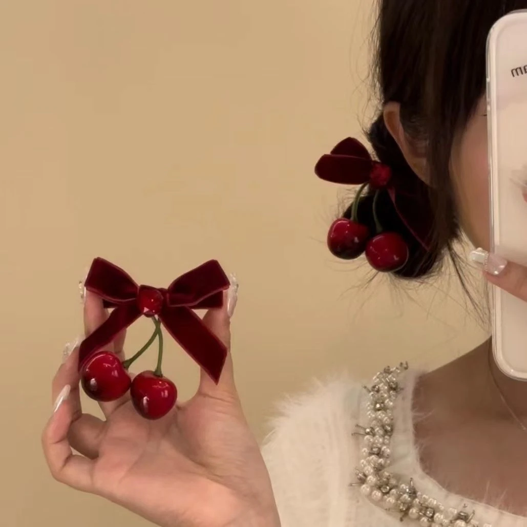 冬日氛围感樱桃红色蝴蝶结丝绒发夹女韩系后脑勺发夹ins风发饰