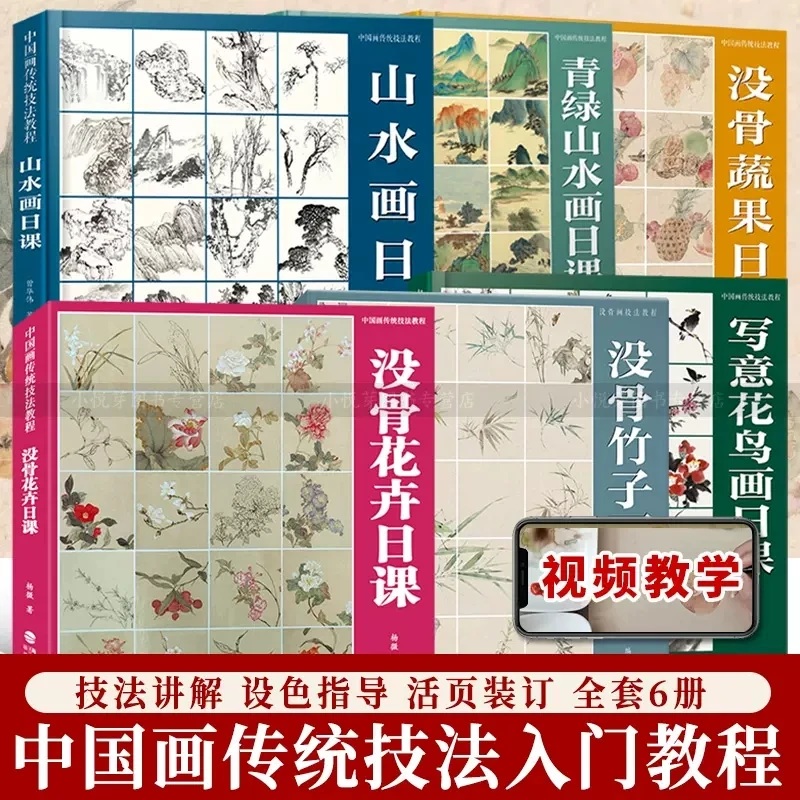 【视频教学】中国画传统技法教程全5册 没骨花卉蔬果青绿山水花鸟