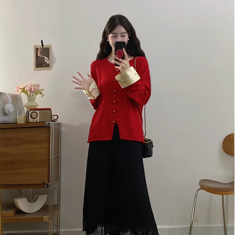 Q2024秋冬新款胖mm大码女新中式设计感拼接长袖毛衣71378