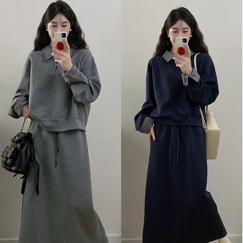 秋装新款胖mm大码女时尚拼接翻领卫衣高腰显瘦半身裙套装20607