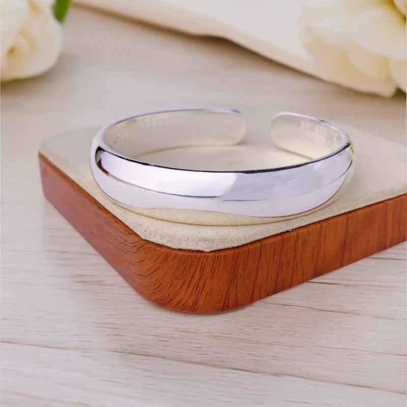 足银手镯 足银999开口经典亮面简约宽版实心心经手镯