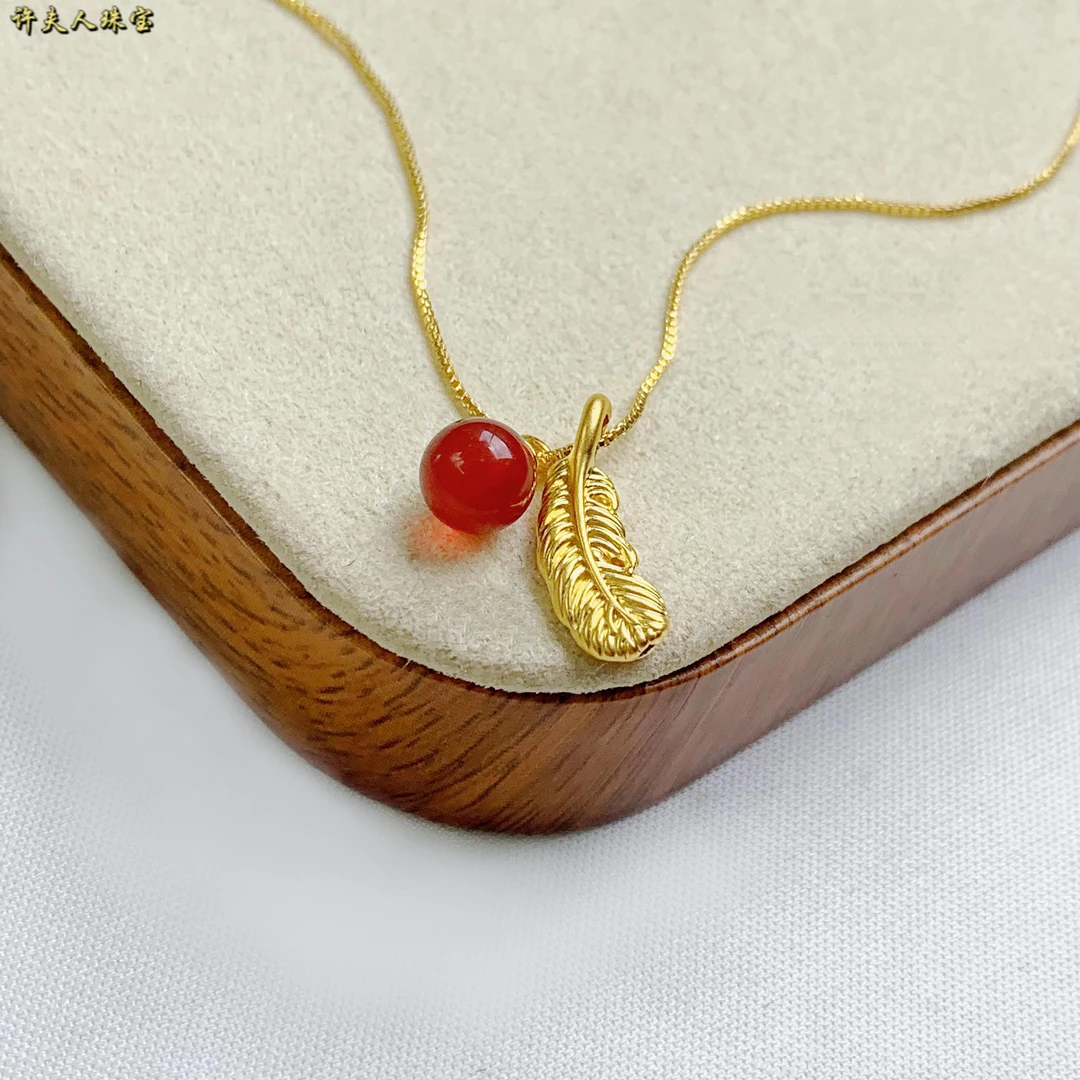 足金羽毛玛瑙圆珠吊坠   赠合金链