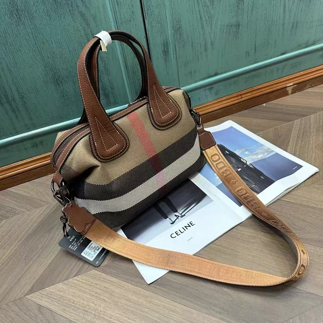 24615手提包时尚女士条纹经典单肩拼色格纹肩包