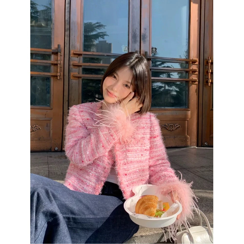 【送胸针】2024秋季羽毛拼接小香风短款外套女时髦百搭气质修身上衣