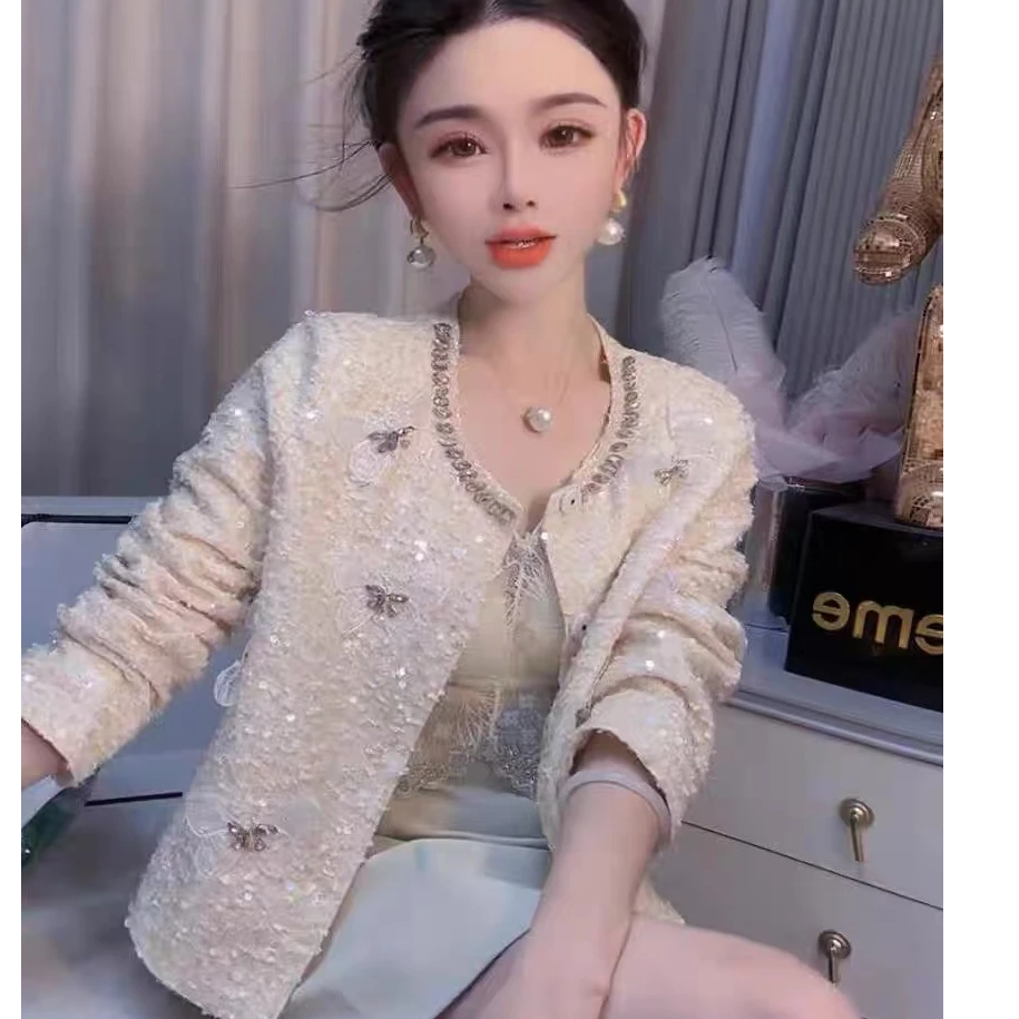 小个子亮片小香风外套女2024新款秋季短珍珠法式名媛短外套气质