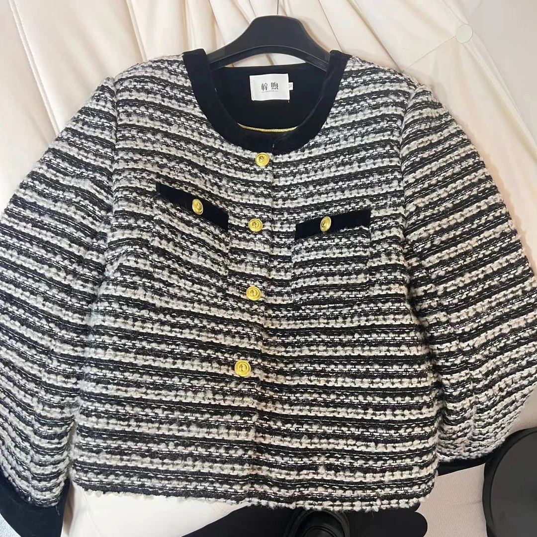 【保暖羽绒服】条纹小香风外套女圆领修身气质短款上衣潮