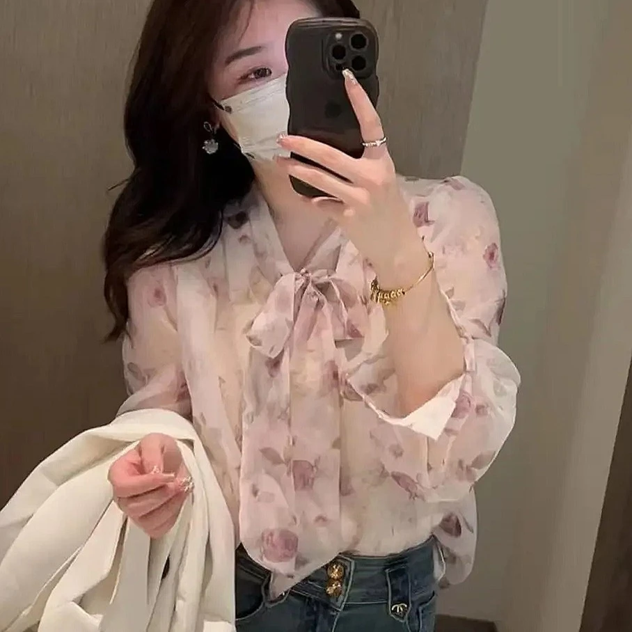 2023春季新款碎花雪纺衬衫女韩版系带蝴蝶结显瘦名媛气质淑女上衣