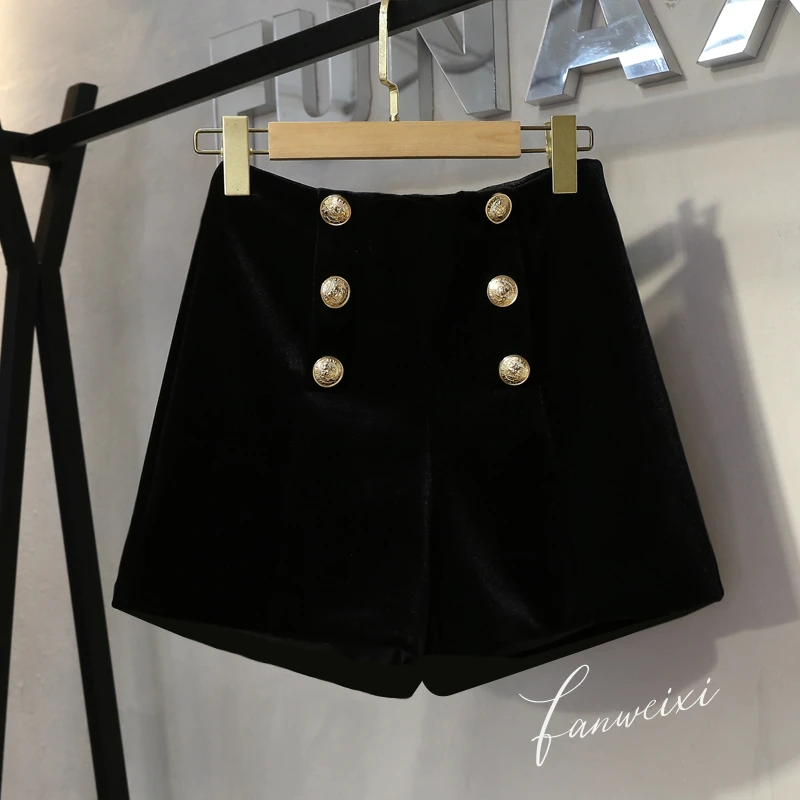 2024秋冬金丝绒短裤高腰显瘦百搭A字韩版时尚双排扣靴裤女