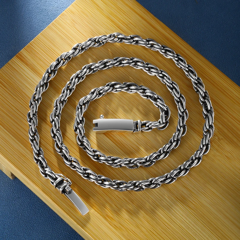 链子925银 手工编织潮男项链男粗麻绳复古高级感痞帅泰银链可刻字